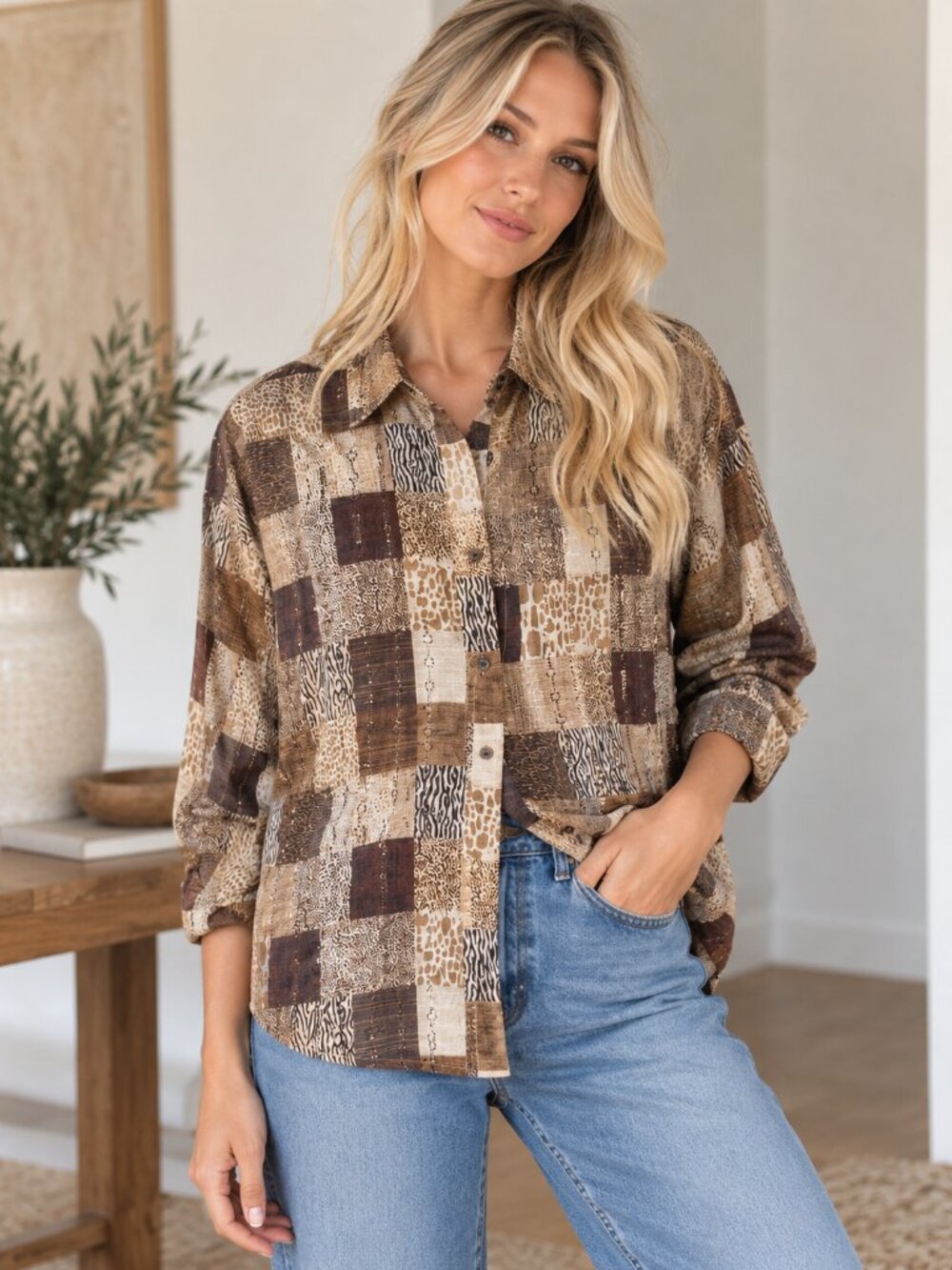 230. Women's Boho Animal Print Patchwork Button-Down Shirt